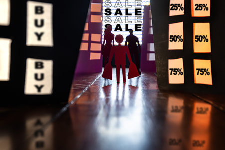 Conceptual image of a man with shopping bags walking with other shoppers toward a bright SALE sign...