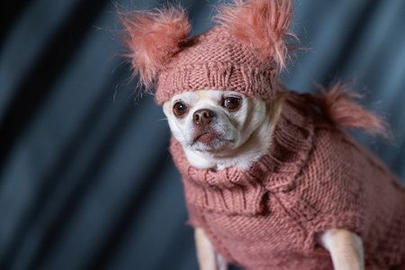 A chubby chihuahua dressed in a pink turtleneck sweater and a fluffy hat.の写真素材