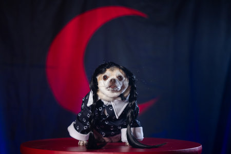 Small chihuahua dressed in a dark gothic-style dress with a red crescent moon in the background.の写真素材