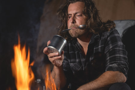 A man camping sitting by the fire eating canned food.の写真素材
