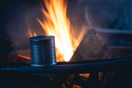 A can of food heating up next to a fire. The fire is raging and the can is silver.