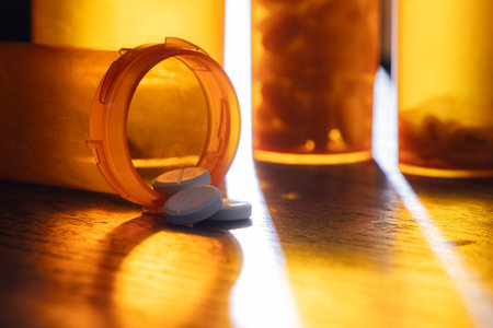 A visually striking, high-contrast shot of a single orange pill bottle and white pills on a dark surface, illuminated by intense sidelight that casts a long shadow.の写真素材