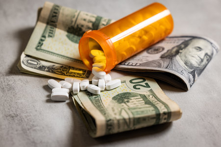 A visually impactful shot featuring prescription pill bottles and scattered US dollar bills (cash). This image symbolizes the high cost and financial burden of medication and the debt caused by healthcare expenses in the USA.の写真素材
