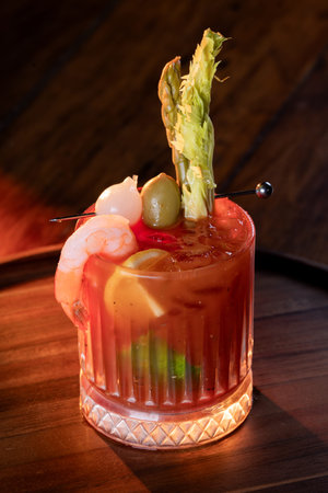 Close up of a classic Bloody Mary with a shrimp on a wooden surface with dramatic high key lighting.
