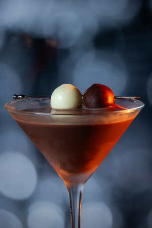 A close-up side profile of a decadent chocolate cocktail in a coupe glass, garnished with a dark and...