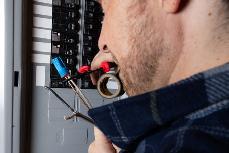 A close-up shot of a technician or handyman using wire strippers to prepare electrical cables for...