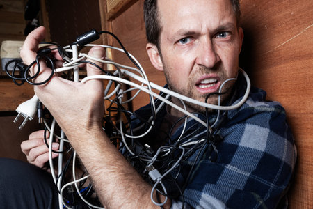 A stressed adult male struggles with a chaotic tangle of various electronic cables, USB cords, and...