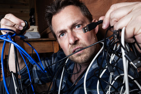 A stressed adult male struggles with a chaotic tangle of various electronic cables, USB cords, and...