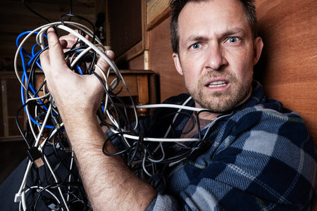 A stressed adult male struggles with a chaotic tangle of various electronic cables, USB cords, and...