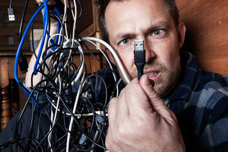 A stressed adult male struggles with a chaotic tangle of various electronic cables, USB cords, and...