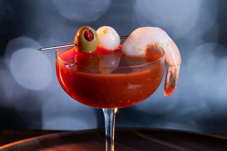 Bloody Mary Martini garnished with a shrimp, an olive and an onion on a wooden surface with dramatic high key lighting.の写真素材