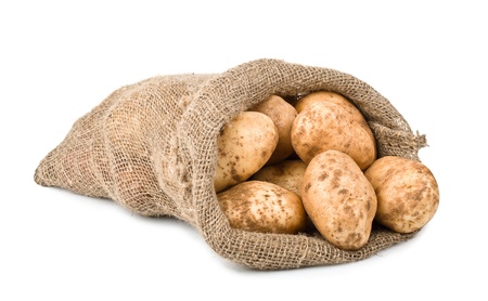 Raw Harvest potatoes in burlap sack isolated on white backgroundの写真素材
