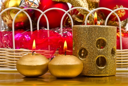 Christmas decoration with golden candleの写真素材