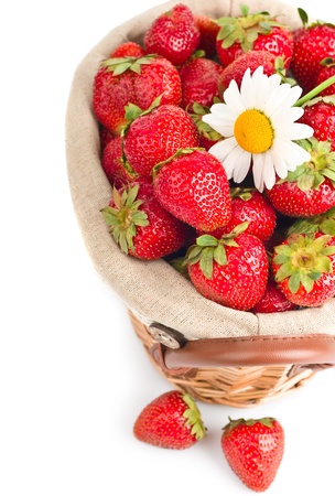Basket of strawberries isolated on white background with copy spaceの写真素材