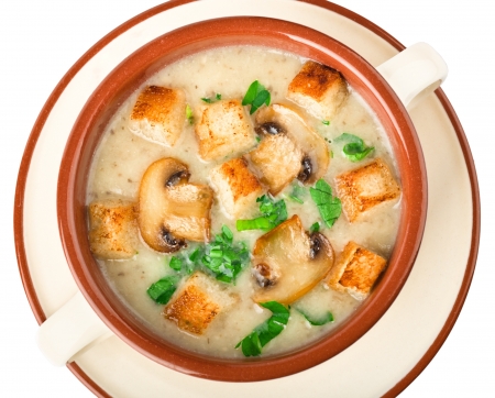 Freshly made mushroom soup in a bowl, close-upの写真素材