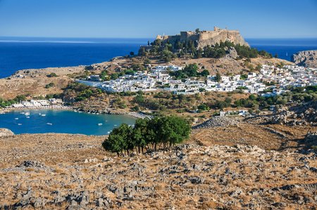 Lindos with the castle above on the Greek Island of Rhodesのeditorial素材