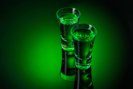 Alcohol Absinthe shots on black background