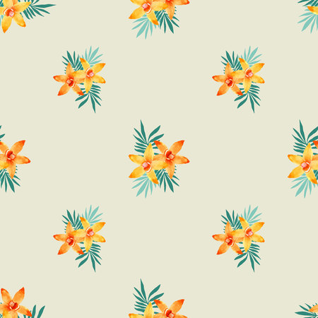 Watercolor seamless pattern of exotic flowers. Bright colors watercolor botanical elementsのイラスト素材