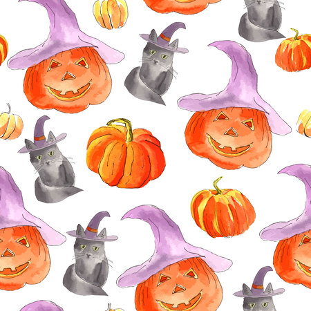 Watercolor halloween of pumpkins seamless pattern for your design.のイラスト素材