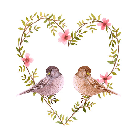 Watercolor birds and heart of flowers. Valentines Day card. Vector illustration.のイラスト素材