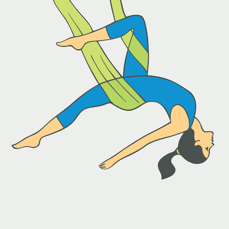 Aerial Yoga. Aero Yoga. Anti-gravity Yoga. Women doing anti gravity yoga exercise.のイラスト素材