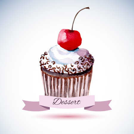 Beautiful happy birthday card with sweet detailed drawn cup cake.のイラスト素材