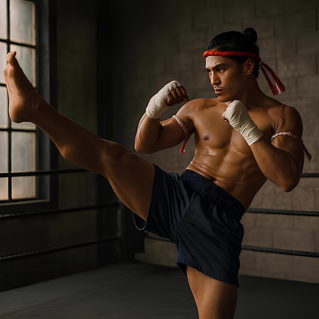 Handsome muscular boxer in sportswear boxing on dark backgroundの素材