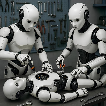 3d rendering group of robot repairing a car in the garage.の素材