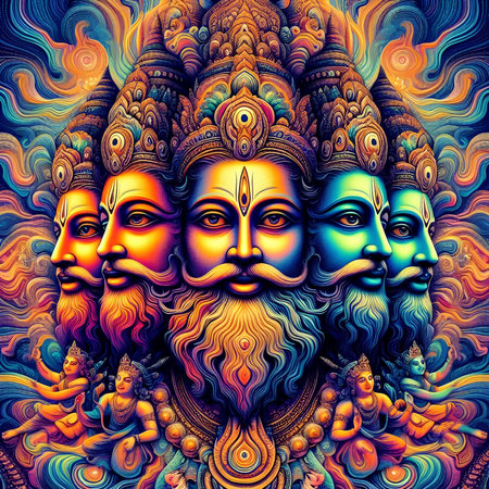 Sculpture of Hindu gods on abstract colorful background.の素材