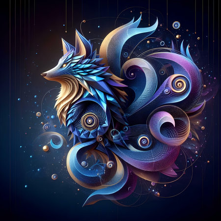 Abstract fractal background with a blue dragon head on a black backgroundの素材
