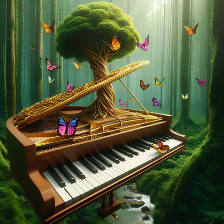 Piano with tree and butterflies in the forest, 3d renderの素材