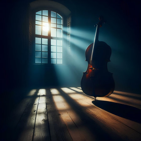 Violin in dark room with window and rays of light. music conceptの素材