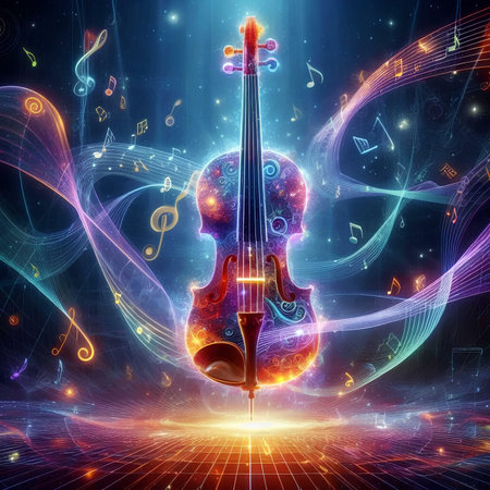 Music background with violin and music notes. 3d rendering toned imageの素材