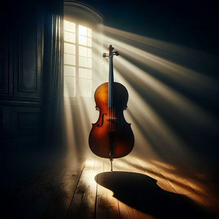 Cello in dark room with window and rays of light. 3D renderingの素材