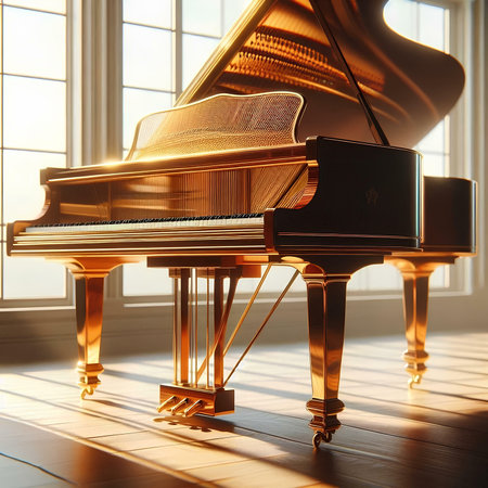 Grand piano in a room with a large window. 3d renderの素材