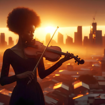 Young african american woman playing violin on city background at sunsetの素材
