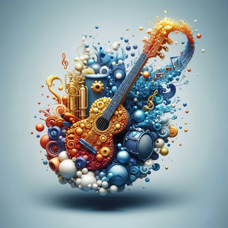 Abstract music background with guitar and musical notes. 3d illustration.の素材
