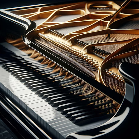 Grand piano with golden strings, close-up. 3D renderingの素材