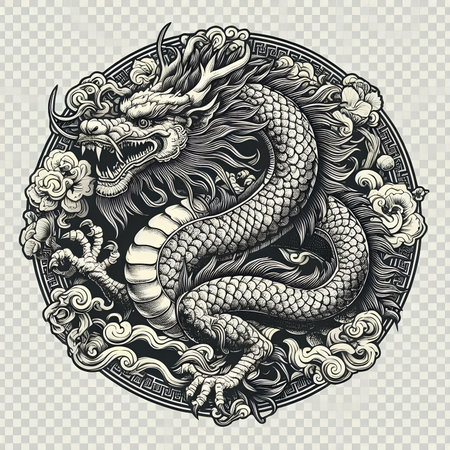 Chinese dragon, engraving vector illustration. T-shirt print design.の素材