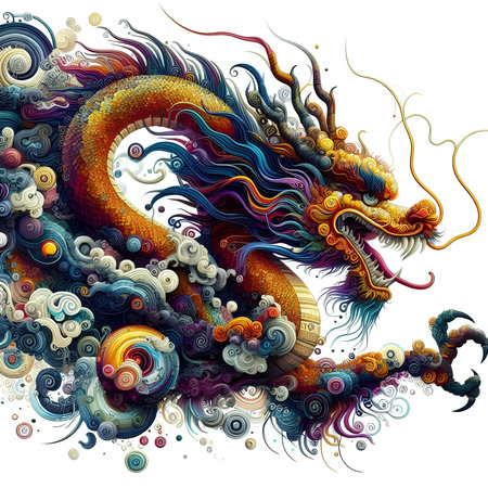 Illustration of colorful dragon in abstract style on white background, vectorの素材