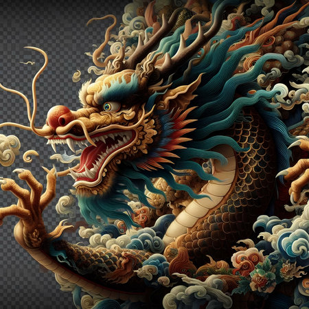 Chinese dragon on a transparent background. 3D rendering, 3D illustration.の素材