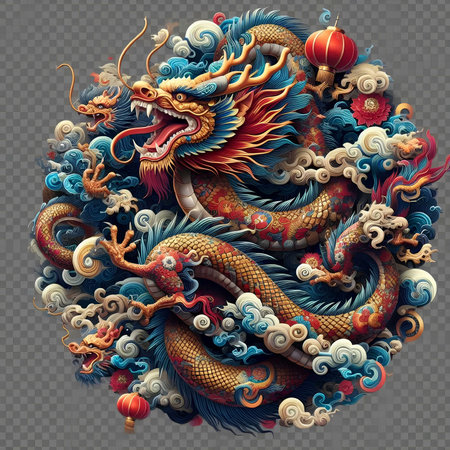 Colorful chinese dragon on a transparent background. Vector illustration.の素材