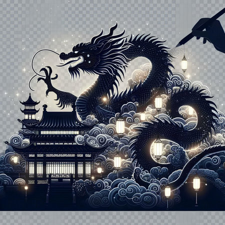 Chinese dragon with lanterns and clouds on transparent background, vector illustrationの素材