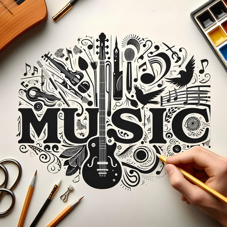 Top view of hand drawing music concept on white background. 3D Renderingの素材