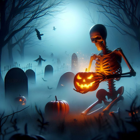 Scary skeleton in the cemetery with pumpkins. Halloween background.の素材