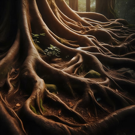 Roots of trees in the forest. 3d rendering. Computer digital drawing.の素材
