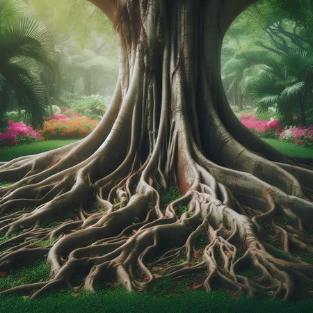 Giant tree in the jungle with colorful flowers. 3d renderingの素材