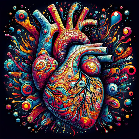 Colorful human heart on a dark background. Vector hand drawing.の素材