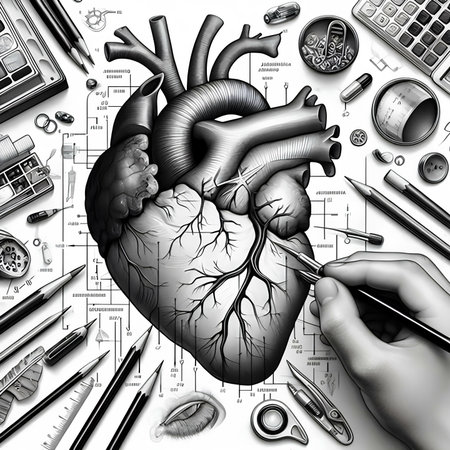 Human heart with tools, top view, 3d illustration, monochromeの素材