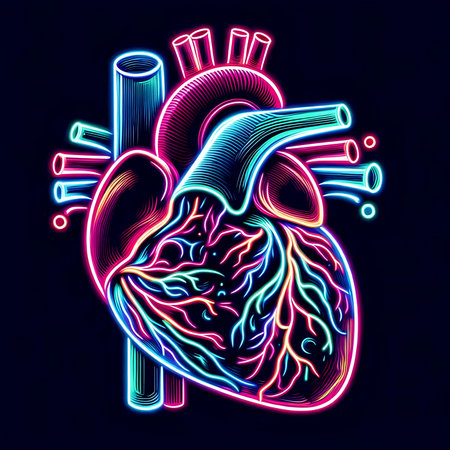 Human heart organ in neon style. Vector illustration on a dark background.の素材